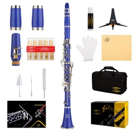 Glory GLY-CLADBL Professional Ebonite Bb Clarinet with 10 Reeds, Stand, Hard Case, Cleaning Cloth, Mouthpiece Brush and Pad Brush,Dark Blue/Silver
