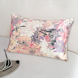 100% Pure Mulberry Silk Pillowcase Standard Size with Hidden Zipper Printed,Real Natural Floral Silk Pillow Cases for Hair and Skin,Soft and Cooling,Both Sides Slip Silk,1pc (20"x26",Pattern4)