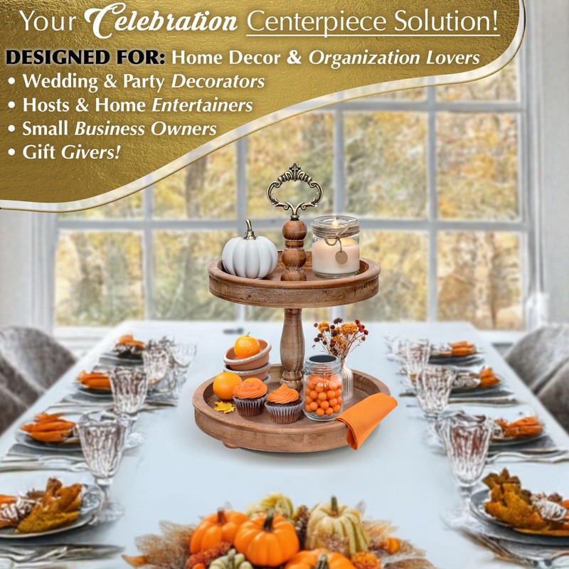 2 Tiered Tray Stand [Includes 3 Changeable Handles] - Rustic