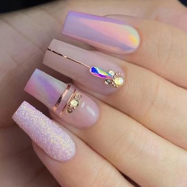 Press on Nails Medium Length Ballet Shaped Glitter Rhinestones False Nails with Design French Artificial Aurora Acrylic Nails Full Cover Glossy Reusable Coffin Fake Nails Glue on Nails for Women
