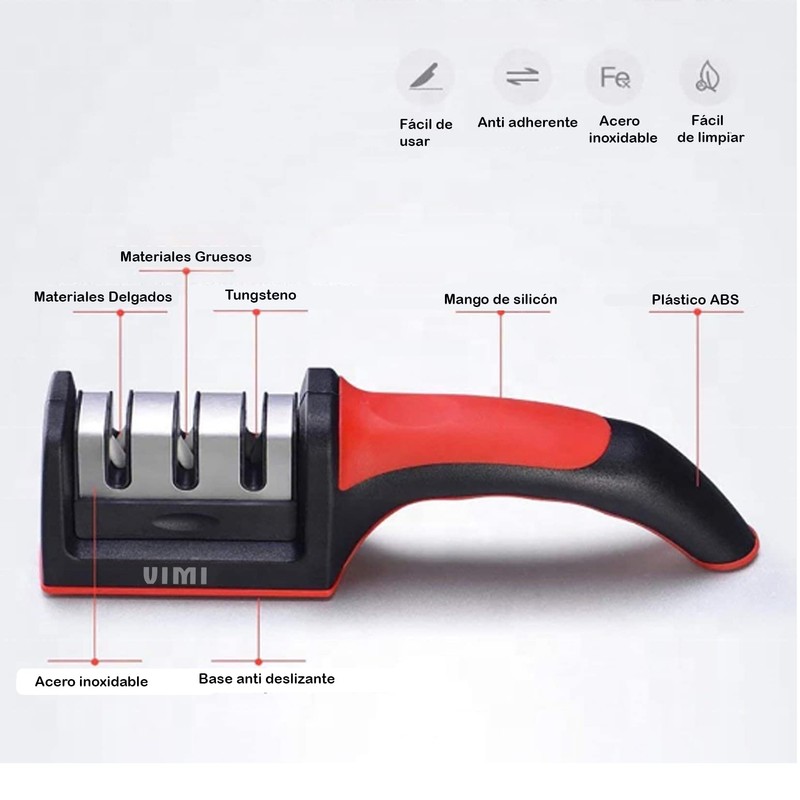 Afilador Cuchillos Cocina Ergonomico Tijeras 3 Etapas Manual (Rojo)