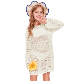 Batermoon Girls Crochet Long Sleeve Swimsuit Cover Up Kids Fashion Hollow Out Swimwear Beach Dress 5-14 Years