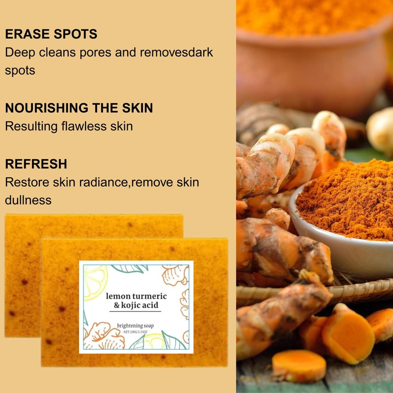 3PCS Turmeric Soap,Lemon Turmeric Kojic Soaps, Natural Handmade Soap, Bar