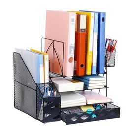Organizador de escritorio, bandeja de papel de 2 niveles con cajón deslizante y 2 soportes para bolígrafos, organizador de archivos de malla con 4 est