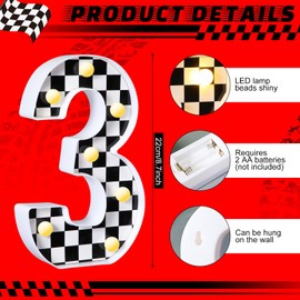 Maxcheck Racing Car Light up Numbers Black and White Checkerboard Print Decorative LED Light Number Sign Race Car Theme Birthday Party Decorations Checkered Flag Party Supplies(Number 3)