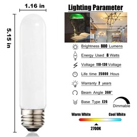 XININSUN T10 Frosted LED Bulbs Daylight White 4000K,Dimmable T10 led Light Bulbs,60-75 Watt Equivalent,8W Led Tubular Bulbs,E26 Base Bulb for Desk Lamp,Bathroom,Cabinet Display,Milk White-6Pack