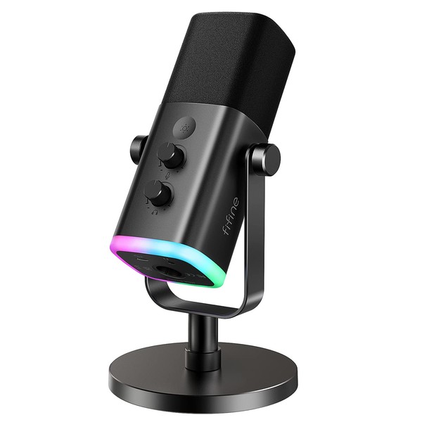 FIFINE Standalone Microphone, Unidirectional Dynamic Mic, Mute Button, RGB Illumination Switch with Volume Control and Headphone Terminal, Compatible with PC, Preste, Sound Card, Mixer, Podcast