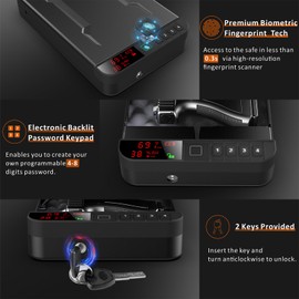Z ZLJUAN Portable Gun Pistol Safe with LCD Display of Temp,Humidity,Biometric Fingerprint,Keypad Lock,Key,Biometric Handgun Safe for Travel/Home/Car/Nightstand Beside (Black)