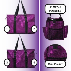 NGIL Glitter Utility Water Resistant Zippered Lined Tote Bag, Multi Pocket Organizer, Perfect for Teachers, Nurses (Glitter-Purple)