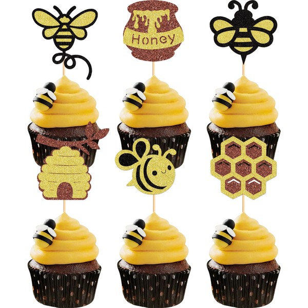 Ercadio - Paquete de 24 adornos para cupcakes de abejorro con purpurina, panal de abeja, diseño de abeja, decoración de pasteles de flores de primavera, para cumpleaños, baby shower, fiestas, niños, suministros de decoración de pasteles