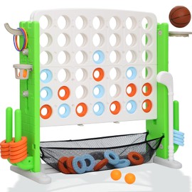 HAPPYMATY Giant 4 in A Row Game, Height Adjust Connect 4 Jumbo Yard Game Set for Kids & Adults with Mesh Catching Bag, Golf, Basketball Hoop & Ring Toss, 4-to-Score Games for Indoor/ Outdoor Fun