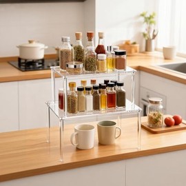Clear Spice Rack, Pack of 2, Transparent Kitchen Cabinet Organiser | Acrylic Kitchen Organiser Shelf, Small Kitchen Corner Shelf, Pantry, Shelf for Worktop Kitchen