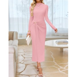 ZESICA Women's 2025 Fall Long Sleeve Bodycon Dress Mock Neck Wedding Guest Cocktail Party Long Midi Dresses,Pink,Small