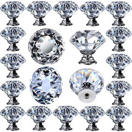 DeElf 12 PCS Clear Crystal Glass Drawer Cabinet Pulls Knobs Diamond Shape Decorative for Kitchen, Dresser, 30mm (1-1/4“), Silver Color Base