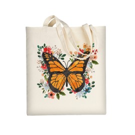 AUSVKAI Cute Canvas Tote Bag Aesthetic for Women Grocery Bag Cotton Beach Totes Gift-Flower Butterfly
