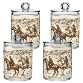 Blueangle 4PCS American West Cowboy Qtip Holder Dispenser with Lids - Apothecary Jar Containers for Vanity Organizer Storage - Plastic Food Storage Canisters