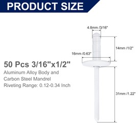 sourcing map 50Pcs 3/16"x1/2" Aluminum Blind Rivets, Large Head Multi Grip Aluminum Steel Mandrel Rivets Fasteners for Metal, Furniture, Automotive, White