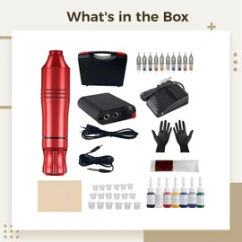 Máquinas de Tatuaje para Principiantes, Kit Completo con Pedal, Piel de Práctica, 10 Tintas, Estuche, Pluma de Tatuaje con Punta Intercambiable, Ideal para Uso Novato y Práctica