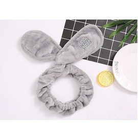 Diadema de pelo para lavar la cara, suave coral de forro polar con forma de conejo y orejas de conejo para maquillaje, 1 pieza (gris)