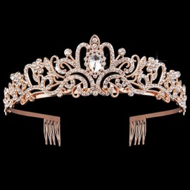 Rose Gold Crown for Women Crystal Princess Tiaras Rhinestone Queen Crowns Wedding Bridal Hair Accessories Birthday Prom Pageant Party Coming of Age Ceremony Photo Props (Rose Gold1)
