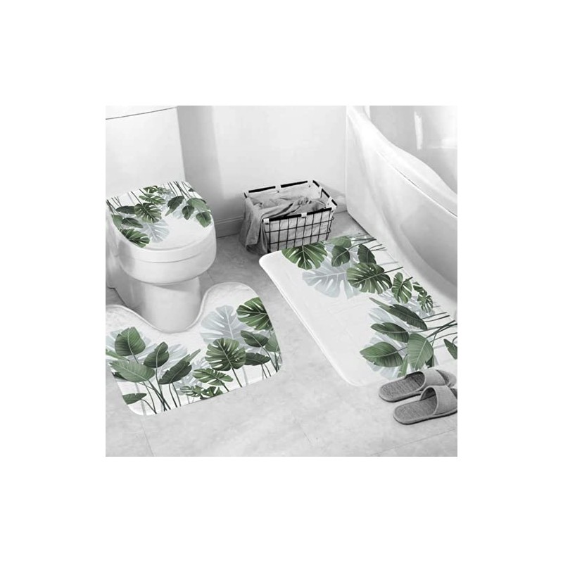 Xshelley Three Piece Tropical Leaf Plant Bathroom Bath Mat, Non-Slip