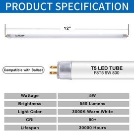 Wesome Lighting 12 Inch F8T5/WW LED Replacement Bulbs, 3000K Warm White, T5 LED 5 Watts Replace Fluorescent Bulb with LED, Replacement Tube for Counter and Cabinet Fixture, 4 Pack