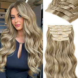 Kookastyle Clip in Hair Extensions Synthetic Clip ins Wavy Full Wrap Edges Hair Extensions for Women 5pcs/Light Brown mix Light Blonde F8/613
