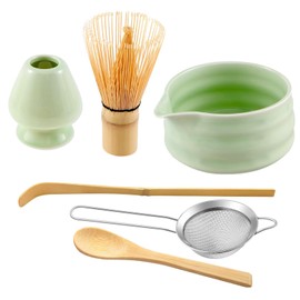 Yumzxin 6Pcs Japanese Matcha Tea Set Kit - Traditional Bamboo Whisk (Chasen), Scoop, Spoon, Stainless Steel Sifter, Ceramic Bowl & Holder - Complete Accessories