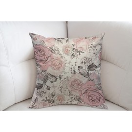 Mugod Pink Flowers and Leaves Cushion Cover Throw Pillow Covers Retro Spring Floral Branch Rose in Pastel Color Gray Pillow Case for Men Women Decorative Home Sofa Chair Couch 45x45cm/18x18 Inch