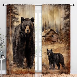 Black Bear Blackout Curtains for Boys Girl Bedroom Decor,Retro Cabin Coniferous Forest Wildlife Thermal Insulated Rod Pocket Drapes Darkening Window Curtain for Living Room Home 84x72 inch