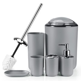OTOSTAR Plastic Bathroom Accessories Set 6 Pieces Gift Set Decorative Countertop Bathroom Accessory Set Includes Toothbrush Holder Soap Dispenser Tumbler Soap Dish Toilet Brush Holder Trash Can (Grey)