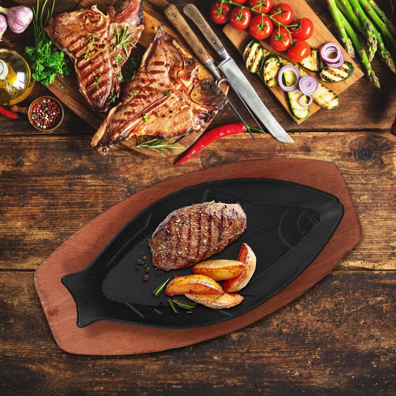 DOITOOL Cast Iron Fish Pan: Cast Iron Skillet with Wooden