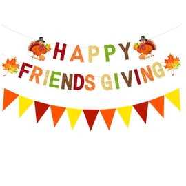 FHGG Glitter Friendsgiving Banner Decorations Thanksgiving Decorations Banner for Party Glitter Colorful Happy Friendsgiving Banner Fall Maple Leaves Turkey Pumpkin Indoor Outdoor Garland Friendsgiving Thanksgiving Party Supplies