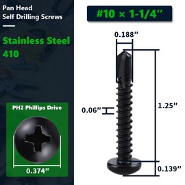 #10 x 1-1/4" (50 Pack) Phillips Pan Head Sheet Metal Screws, Stainless Steel 410 Self Drilling Screws for Metal, Black Coated, Quick Self Tappers, with Phillips Driver Bit PH2