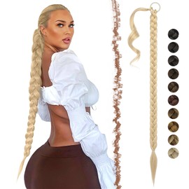 FESHFEN Long Braided Ponytail Extension with Hair Tie, 26 inch Blonde Mixed Ash Blonde Straight Wrap Around Hair Piece Ponytails for Women Syntheti Pony Hairpieces for Daily Wear