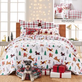 Levtex Home Merry & Bright Collection - Jingle Paws Quilt Set - Full/Queen Holiday Quilt 86x86 and Two Standard Shams 20x26 - Christmas Dogs - Red, Green and White - Reversible - Polyester