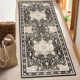 MUJOO Washable Runner Rug,Black Boho Area Rugs for Bathroom Hallways Bedroom Kitchen Entryway,Non Slip Carpet Long Mat Indoor,Floral Vintage Black and Gold Soft 2'x6'