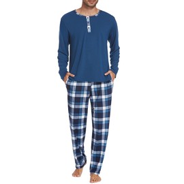 Ekouaer Men's Pyjamas Set Long Sleeve Checked Pjs Cotton Plaid Loungewear Button Top and Bottoms 2 Piece Nightwear Sleepwear Classic with Pockets Blue L