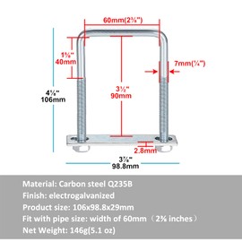 TSSS 6 Pieces M8 Square U Bolts Steel U Brackets Inner Size 60 x 90mm L Boat Trailer, Fit Pipe OD: 2-3/8" (60mm)