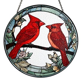 7.8" Cardinal Stained Glass Suncatchers Art Glass Birds and Flowers for Sun Catcher Indoor Window Gifts for Nature Floral Bird Lovers Women Mom Friend Painted Panel Décor BIRD-02B-SG8