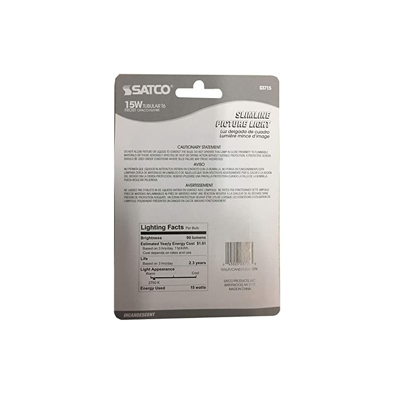 Satco S3715 120V Candelabra Base 15-Watt T6 Switchboard Bulb, Frosted