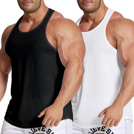 Agilelin Men's Workout Stringer Tank Tops Mesh Quick Dry Y-Back Tops Muscle Athletic Shirts for Gym(Pure Black/White/L)