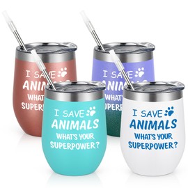 I Save Animals, Whats Your Superpower- Stainless Steel 4 Pack Wine Tumbler with Lid, Birthday Christmas Ideas for Veterinarian Veterinary Technician, Doctor Assistant Graduation(12Oz, Multi-color)