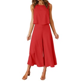 ROYLAMP Women's Summer 2 Piece Outfits Round Neck Crop Basic Top Cropped Wide Leg Pants Set Jumpsuits Red L