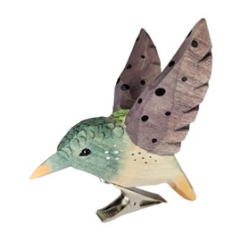 Hand-Carved Wooden Hummingbird Ornament, Clip-On Bird Decoration for Christmas Tree, Wreath, Gift Wrap & Home Décor - Brown, Green, Purple, Pink Wing Variants - Gift-Ready Packaging (Purple-Winged)