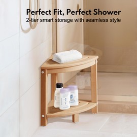 PASAMIC Corner Shower Stool for Inside Shower, HDPE Shower Bench with 2-Tier Storage, Small Shower Stool for Shaving Legs, Corner Shower Bench for Bathroom, Living Room, Bedroom, Non-Slip Feet, Beige