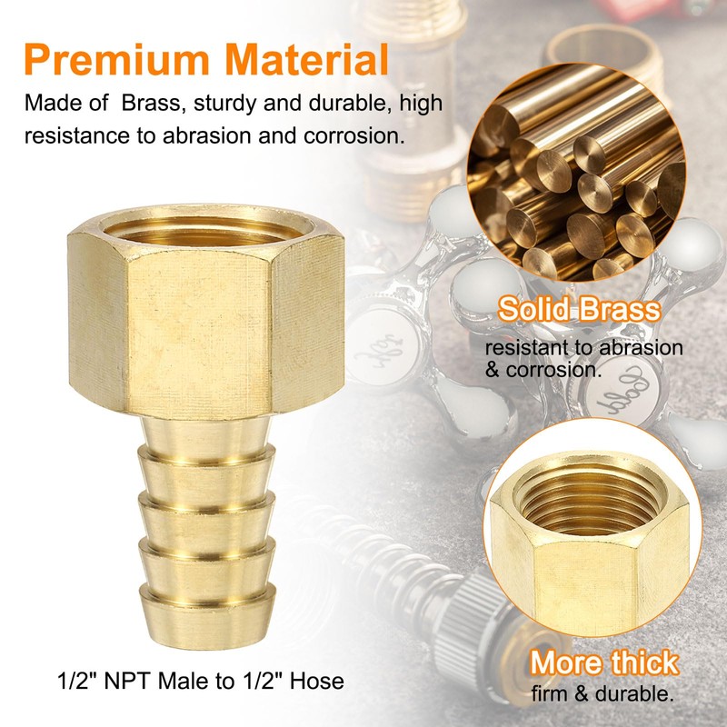 sourcing map 2pcs Brass Barbed Fitting 1/2" NPT Female to