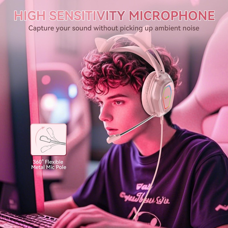 Wantek Cute Cat-Ear Gaming Headset - 50mm Drivers, Noise-Cancelling Mic,