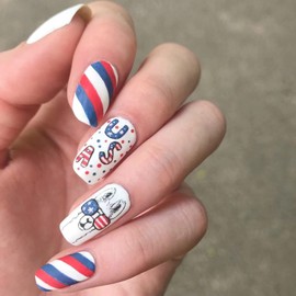 Coffin Press on Nails Medium Length 4th of July Fake Nails American Flag Lovely Designs Full Cover Glue on Nails Independence Day False Nails Patriotic Nail Art Supplies Acrylic Nails for Women 24Pcs