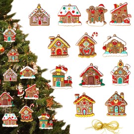 12 pcs Christmas Gingerbread House Ornament for Holiday Christmas Tree Decor- Assorted PVC Gingerbread House Painted Ornaments, Christmas Tree Hanging Decorations